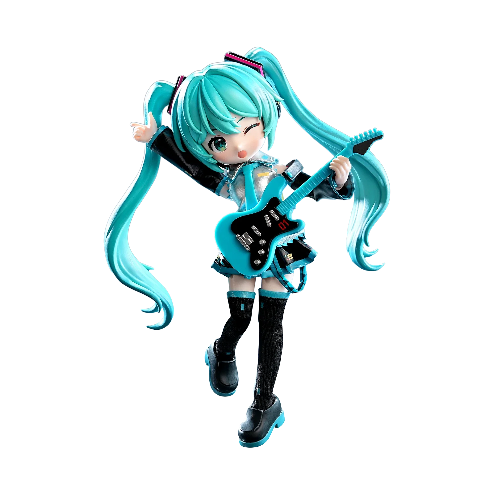 Blokees DaaLaMode Series Hatsune Miku official outfit cosplay costume, detailed costume with vibrant teal and black accents.