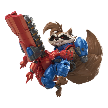 Marvel Rivals Champion Class 09 Rocket Raccoon figure by Blokees, detailed toy with vibrant colors and dynamic pose.