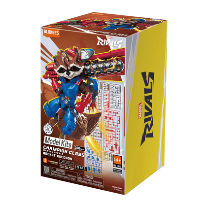 Marvel Rivals Champion Class 09 Rocket Raccoon action figure by Blokees, detailed figure with vibrant colors and dynamic pose.