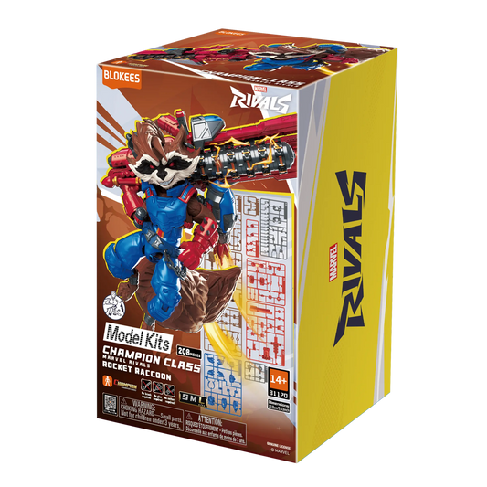 Marvel Rivals Champion Class 09 Rocket Raccoon action figure by Blokees, detailed figure with vibrant colors and dynamic pose.