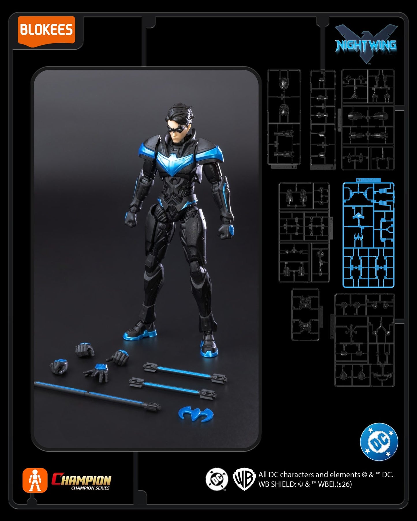 Blokees DC Classic Class 03 Nightwing champion figure standing in a dynamic pose, detailed costume, and signature blue and black colors.