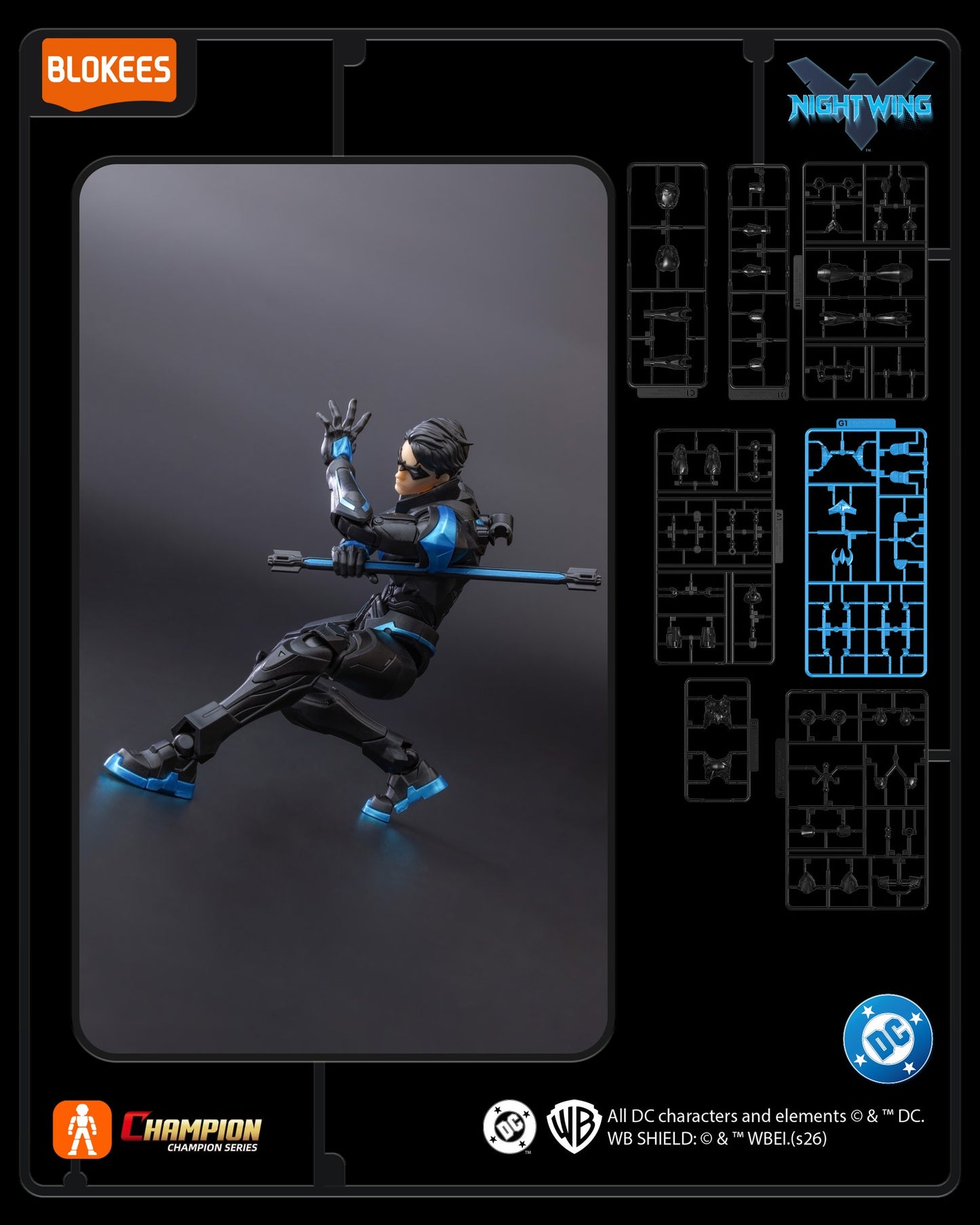 Blokees DC Classic Class 03 Nightwing champion figure standing in a dynamic pose, detailed costume with blue and black colors.