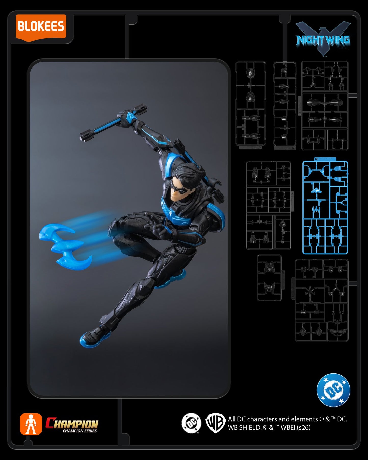 Blokees DC Classic Class 03 Nightwing champion figure standing in a dynamic pose with detailed costume and signature blue and black colors.